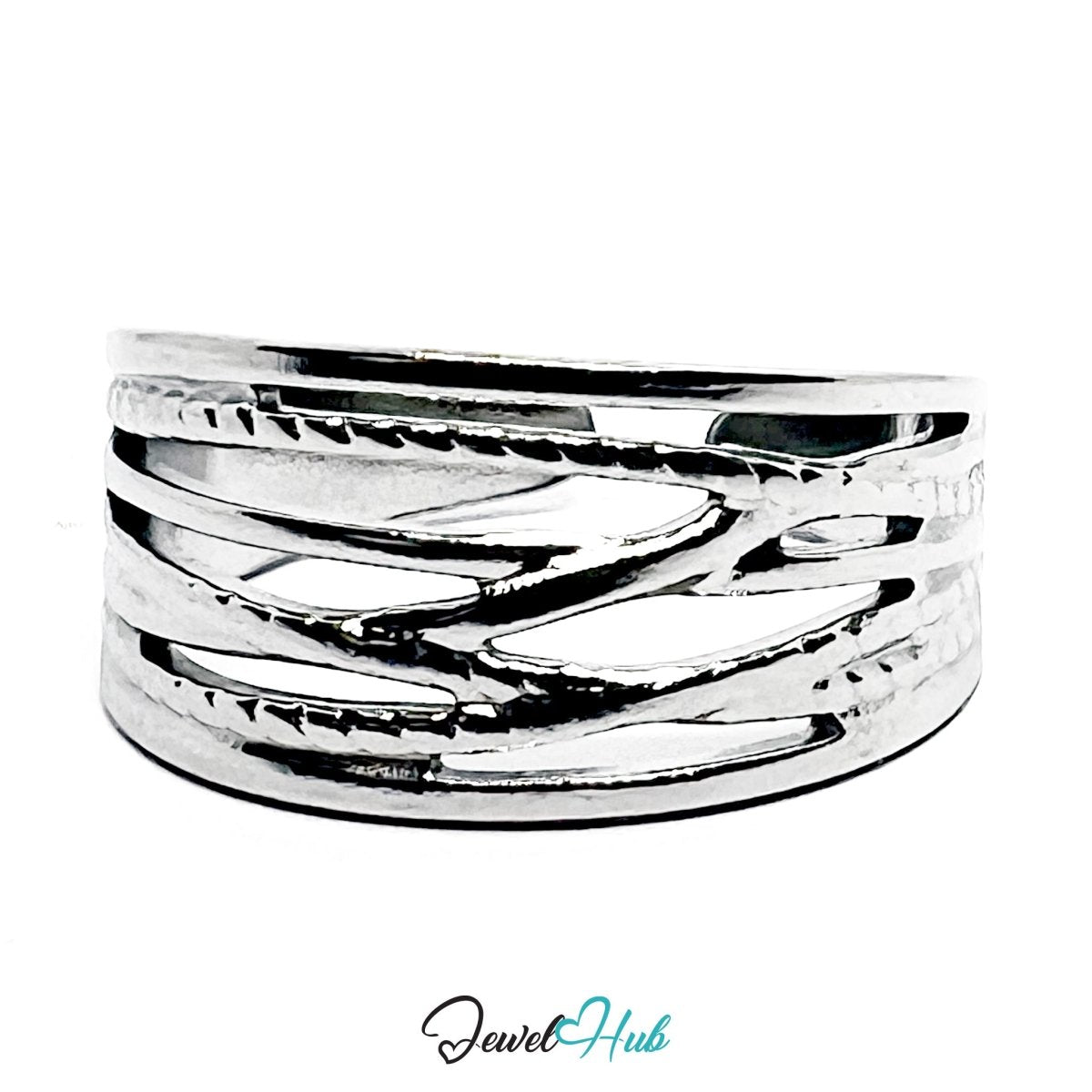 Stainless Steel Silver Interwoven Branch Ring – Sculptural Openwork Band - JewelHub.co.uk