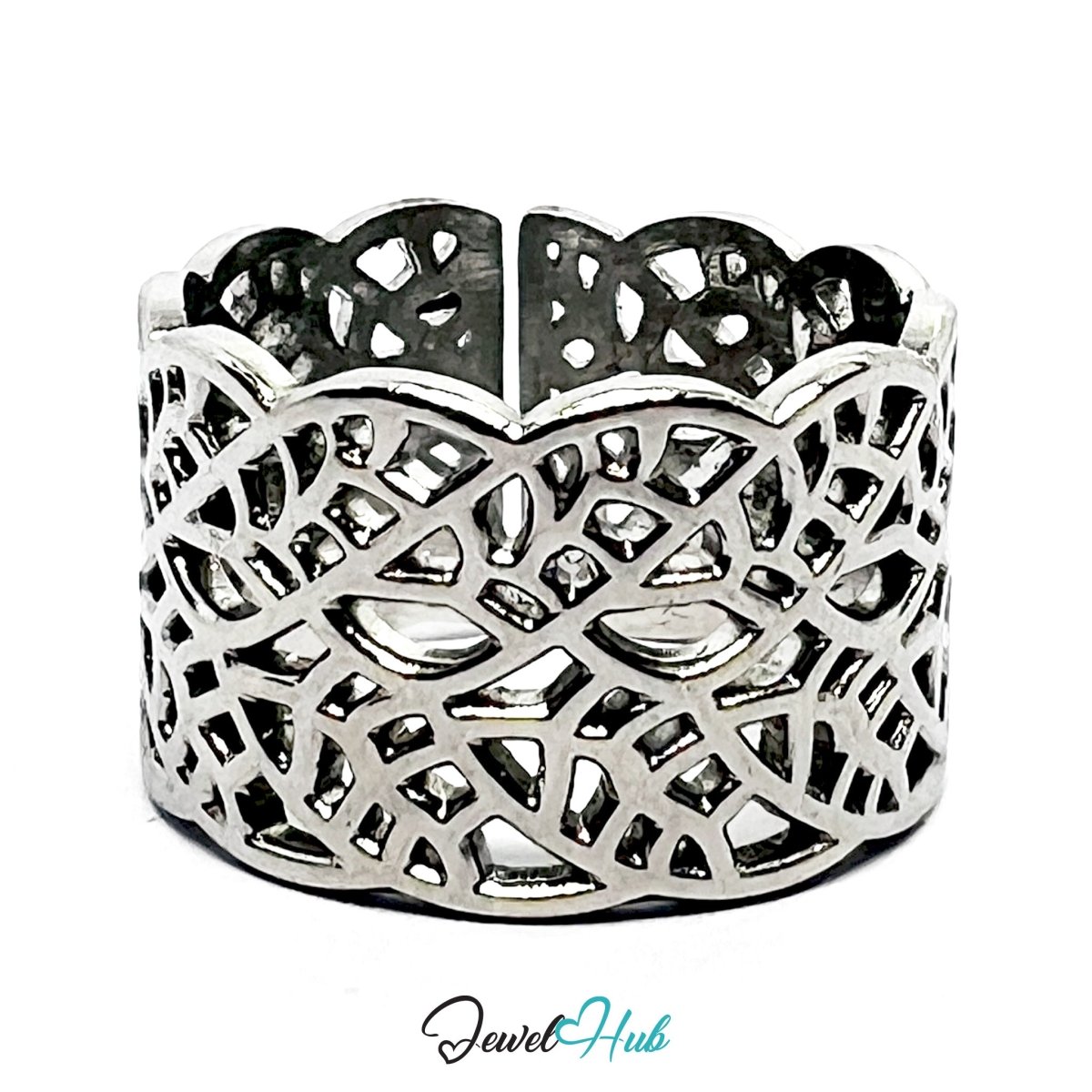 Stainless Steel Silver Lacework Scalloped Ring – Ornamental Texture - JewelHub.co.uk