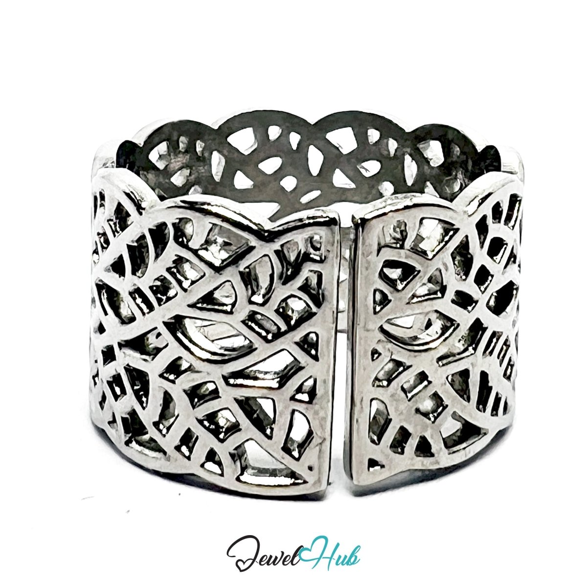 Stainless Steel Silver Lacework Scalloped Ring – Ornamental Texture - JewelHub.co.uk