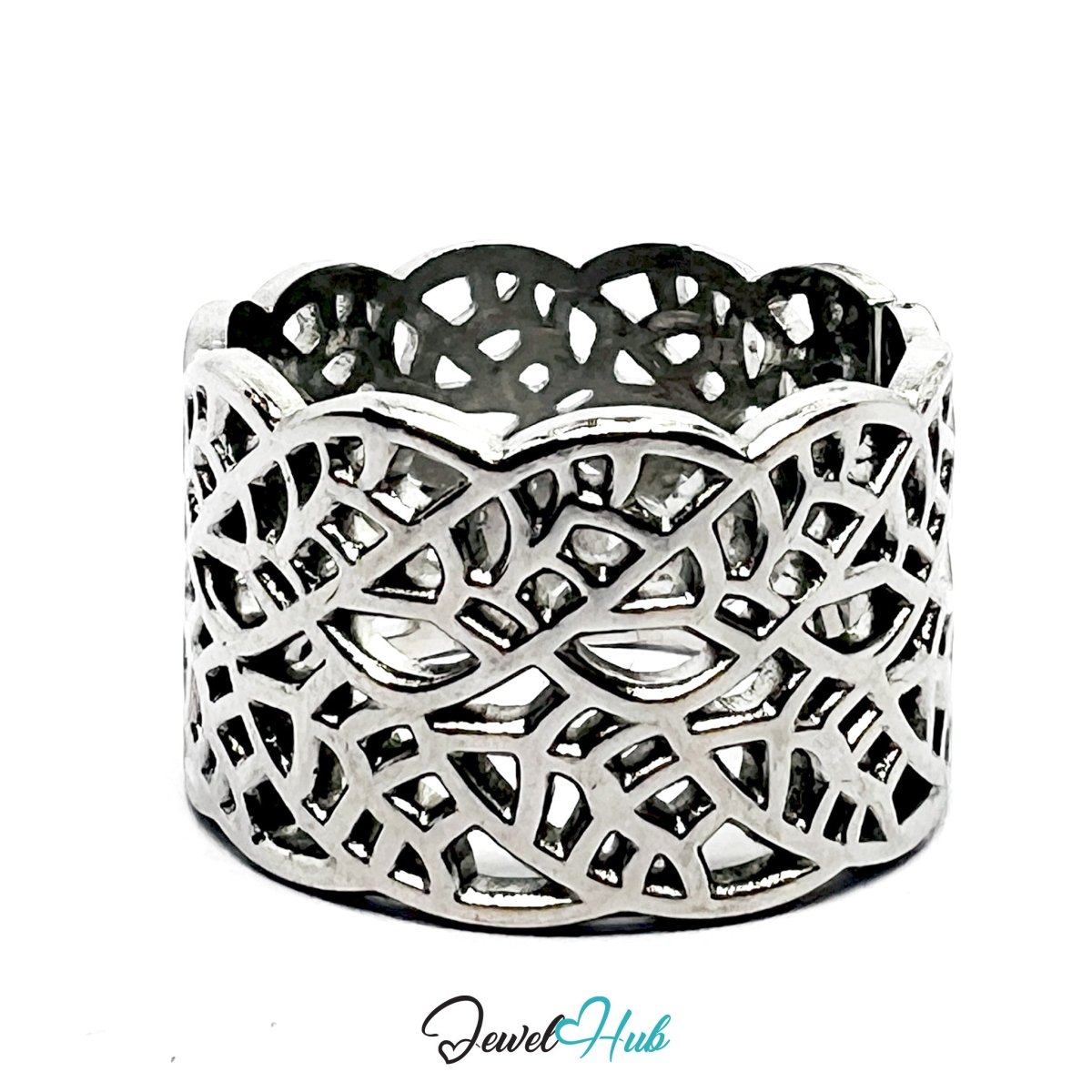 Stainless Steel Silver Lacework Scalloped Ring – Ornamental Texture - JewelHub.co.uk