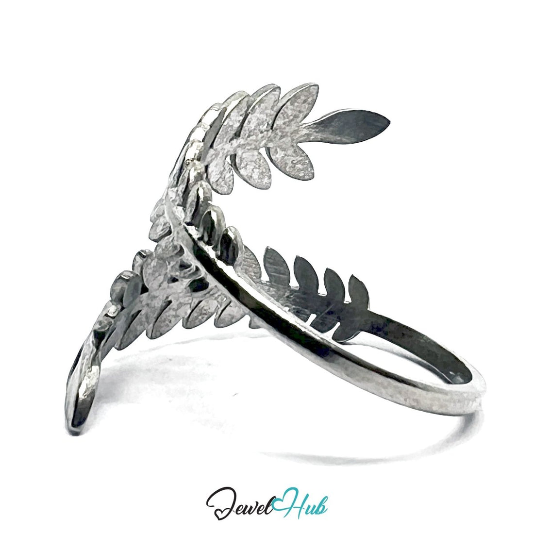 Stainless Steel Silver Laurel Leaf Ring – Sculptural Open Band - JewelHub.co.uk