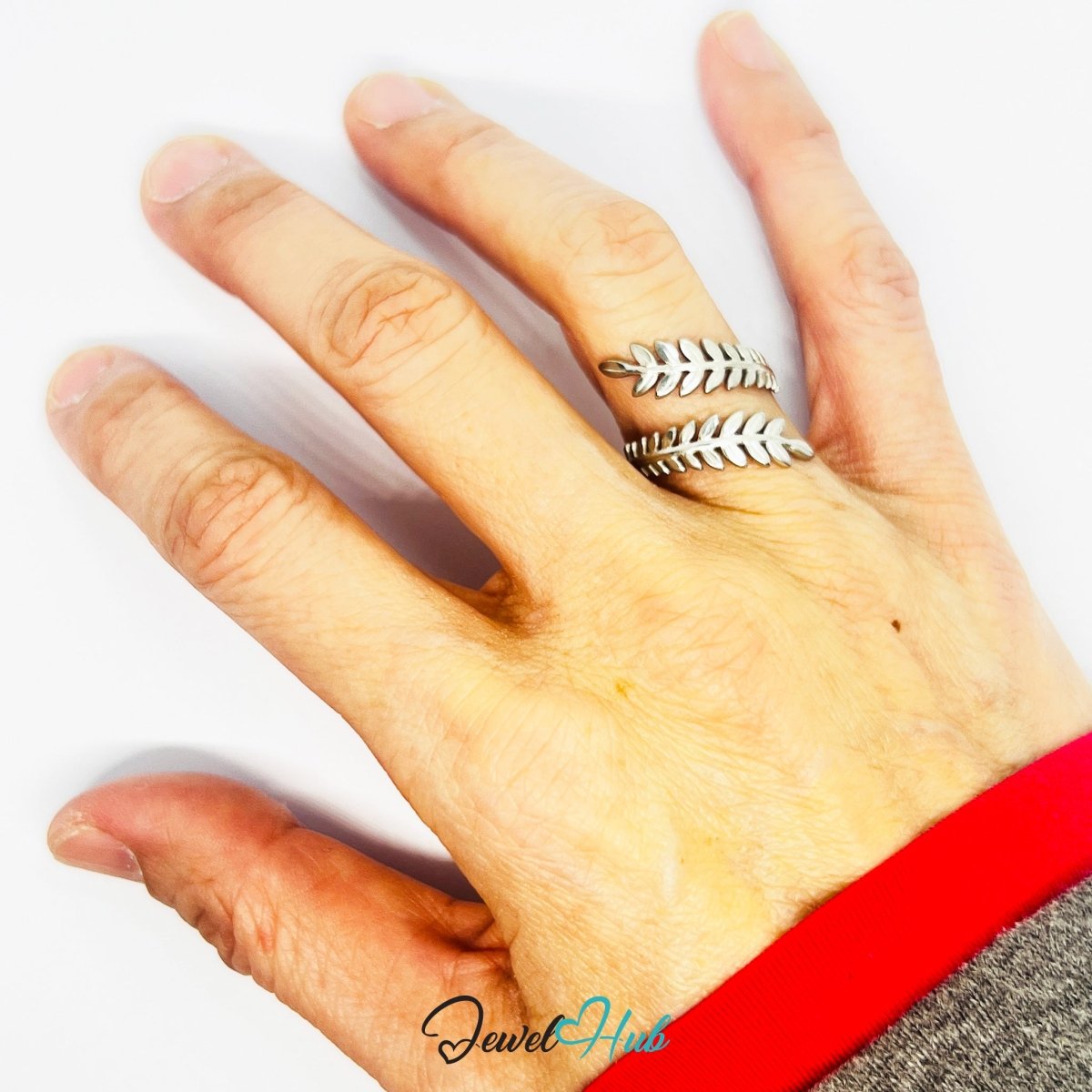 Stainless Steel Silver Laurel Leaf Ring – Sculptural Open Band - JewelHub.co.uk