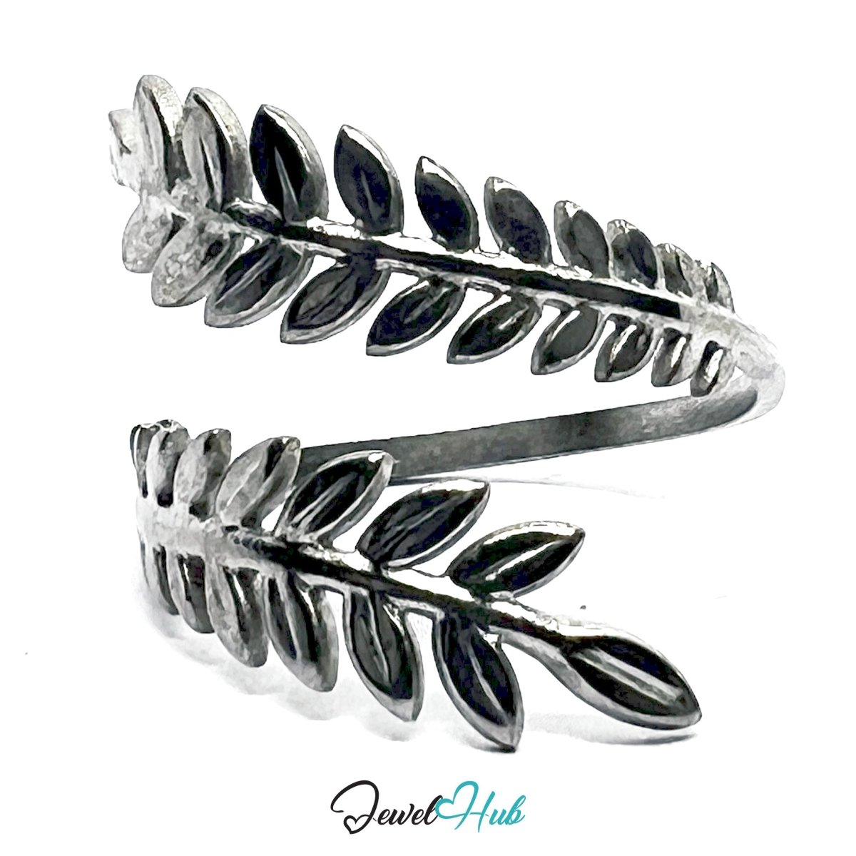 Stainless Steel Silver Laurel Leaf Ring – Sculptural Open Band - JewelHub.co.uk