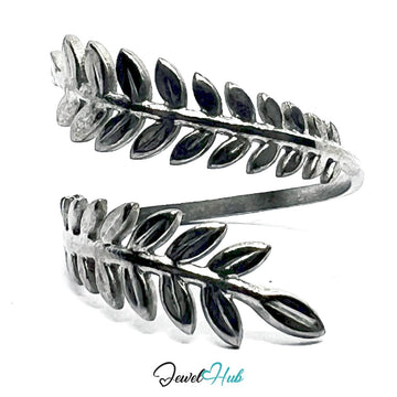 Stainless Steel Silver Laurel Leaf Ring – Sculptural Open Band - JewelHub.co.uk