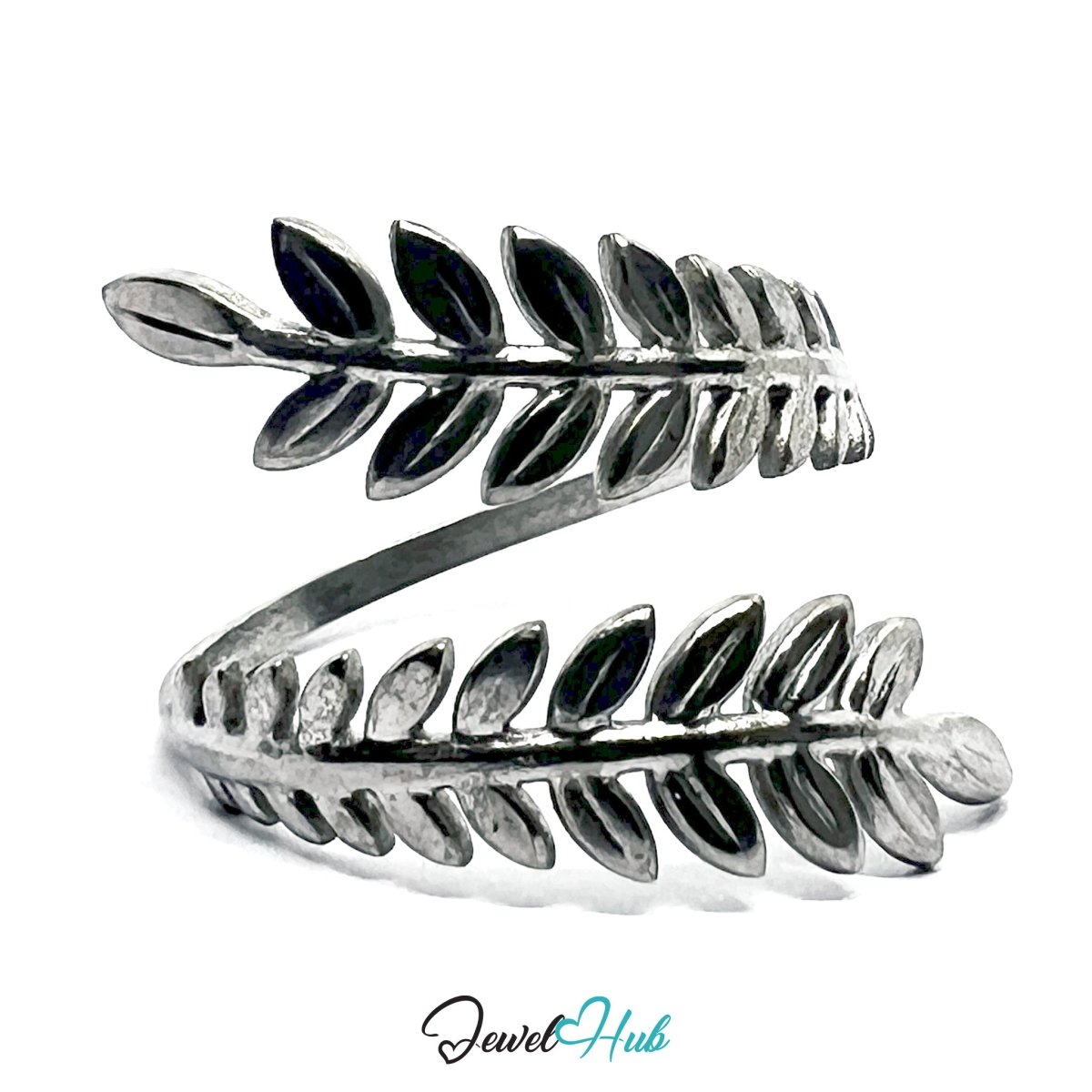 Stainless Steel Silver Laurel Leaf Ring – Sculptural Open Band - JewelHub.co.uk