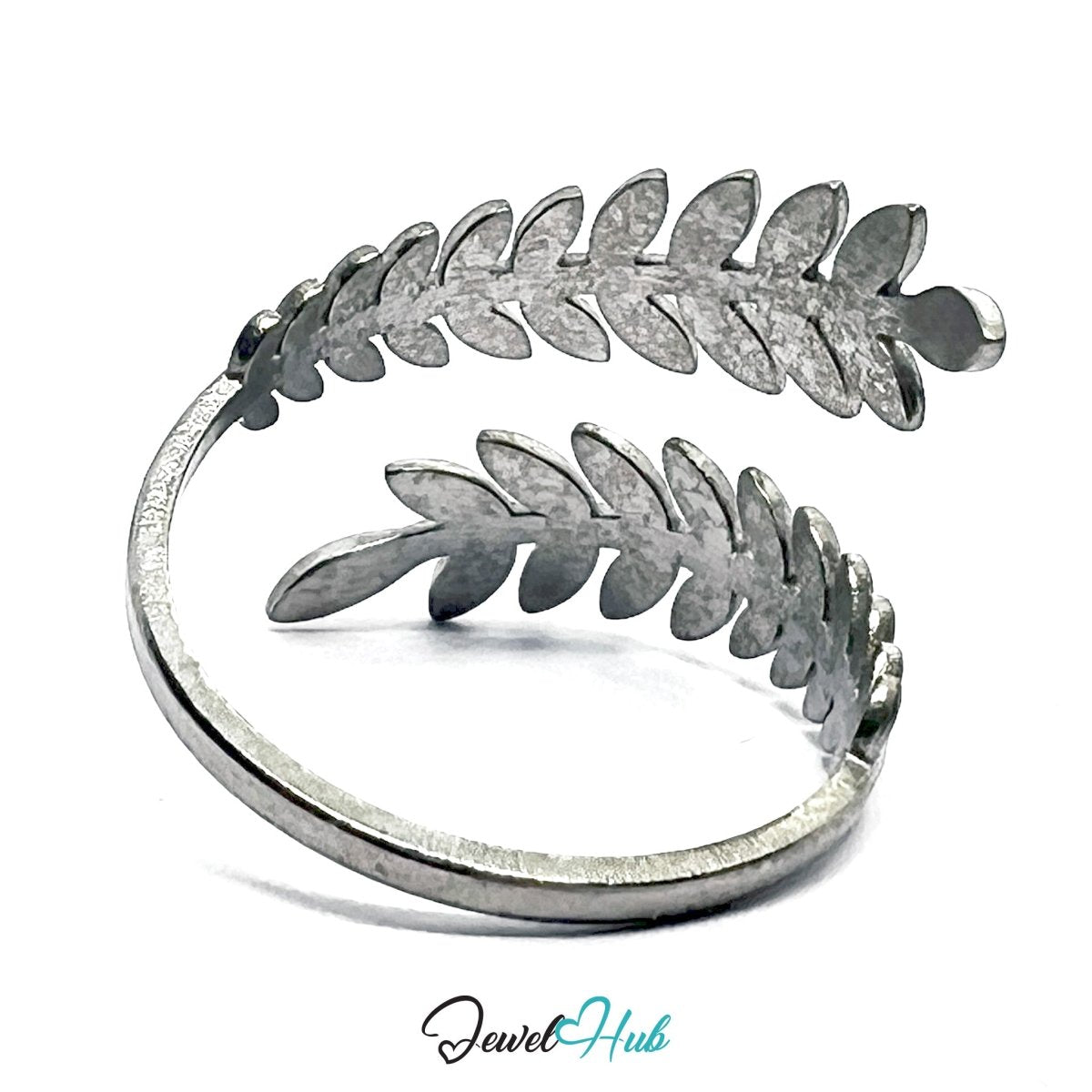 Stainless Steel Silver Laurel Leaf Ring – Sculptural Open Band - JewelHub.co.uk