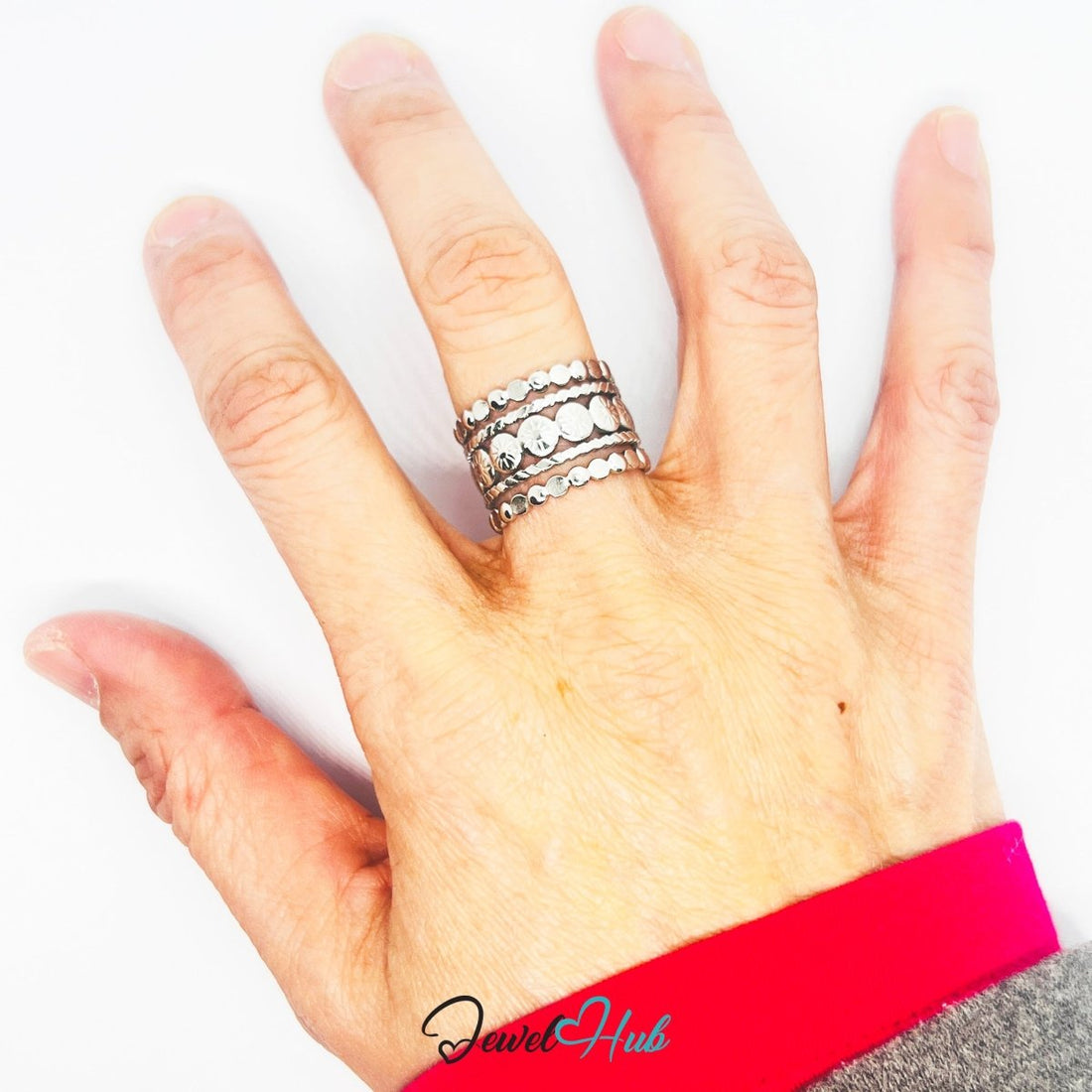 Stainless Steel Silver Layered Dot Textured Ring – Sculptural Band - JewelHub.co.uk