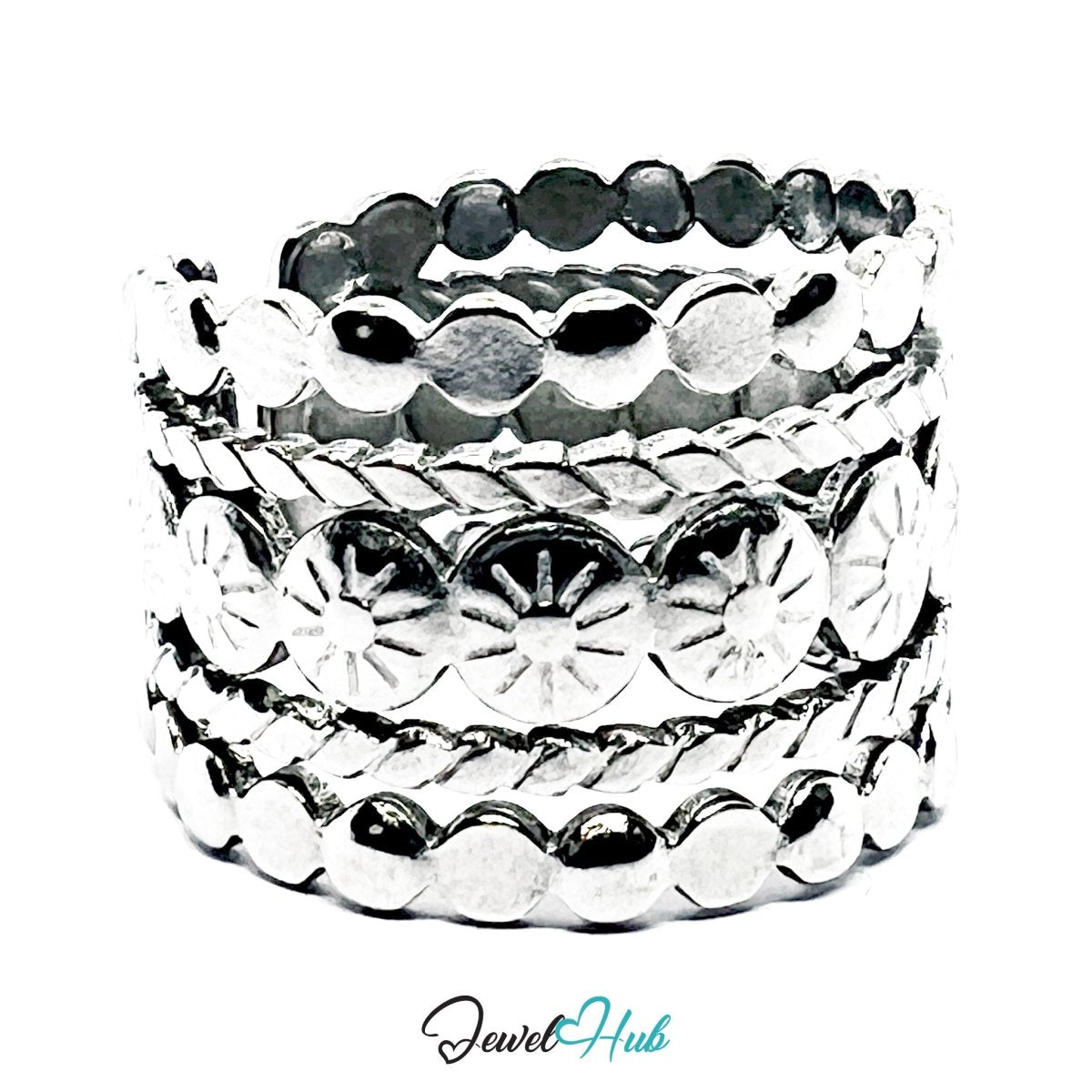 Stainless Steel Silver Layered Dot Textured Ring – Sculptural Band - JewelHub.co.uk