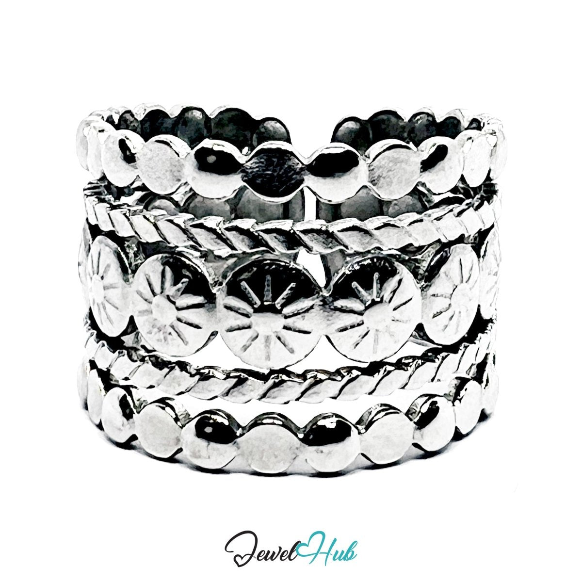 Stainless Steel Silver Layered Dot Textured Ring – Sculptural Band - JewelHub.co.uk