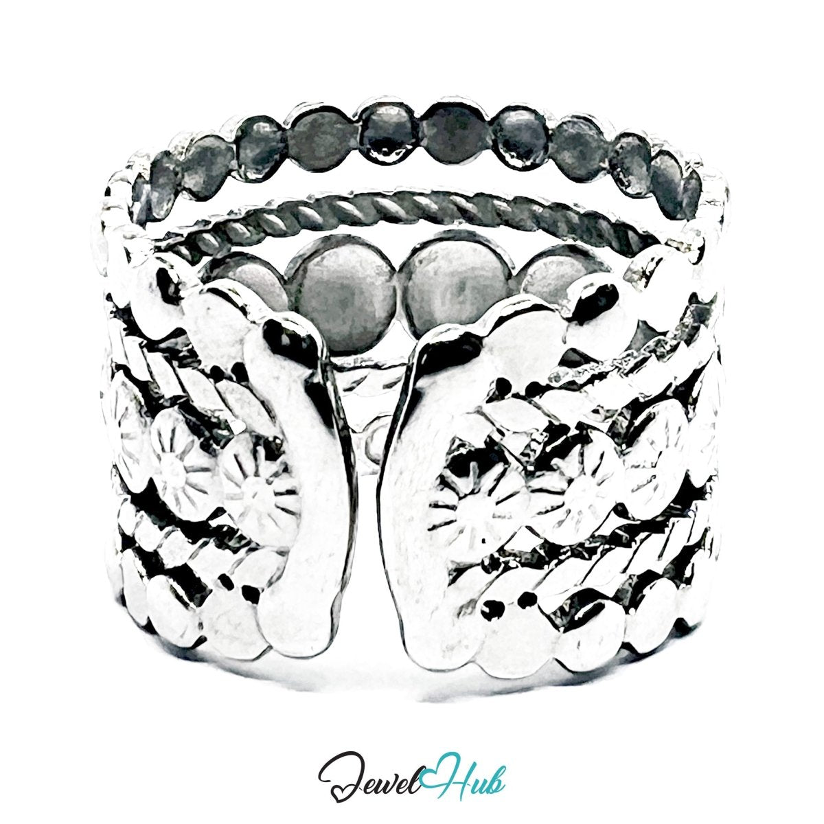 Stainless Steel Silver Layered Dot Textured Ring – Sculptural Band - JewelHub.co.uk