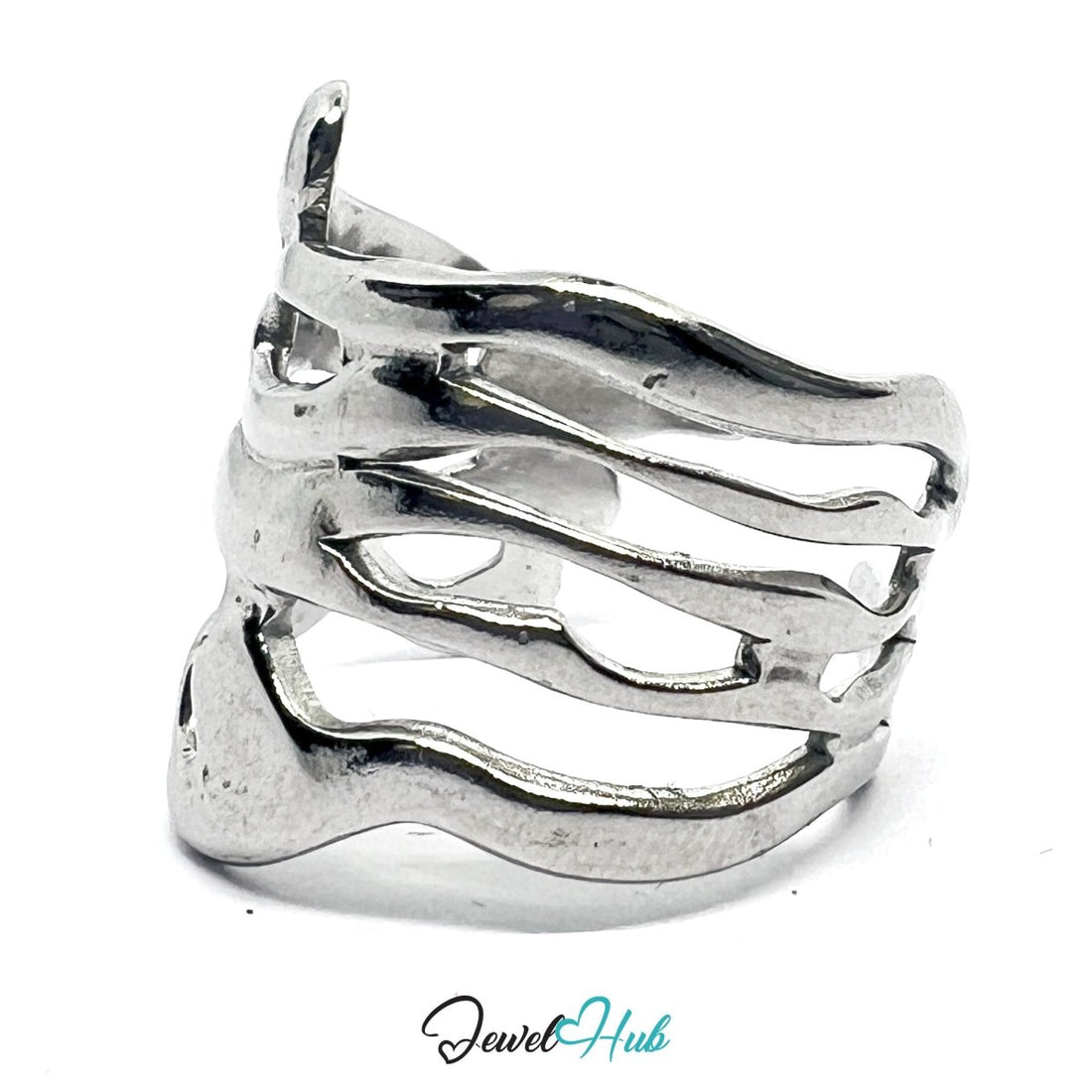Stainless Steel Silver Layered Flow Ring – Sculptural Motion - JewelHub.co.uk