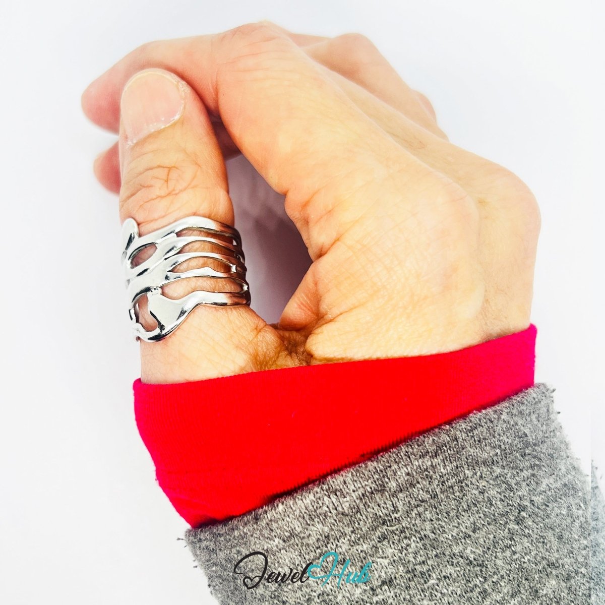 Stainless Steel Silver Layered Flow Ring – Sculptural Motion - JewelHub.co.uk