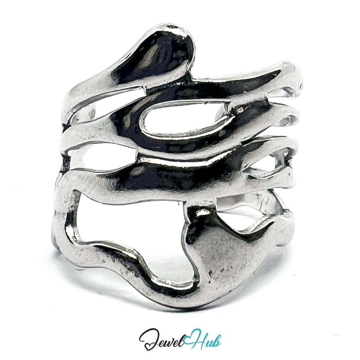 Stainless Steel Silver Layered Flow Ring – Sculptural Motion - JewelHub.co.uk