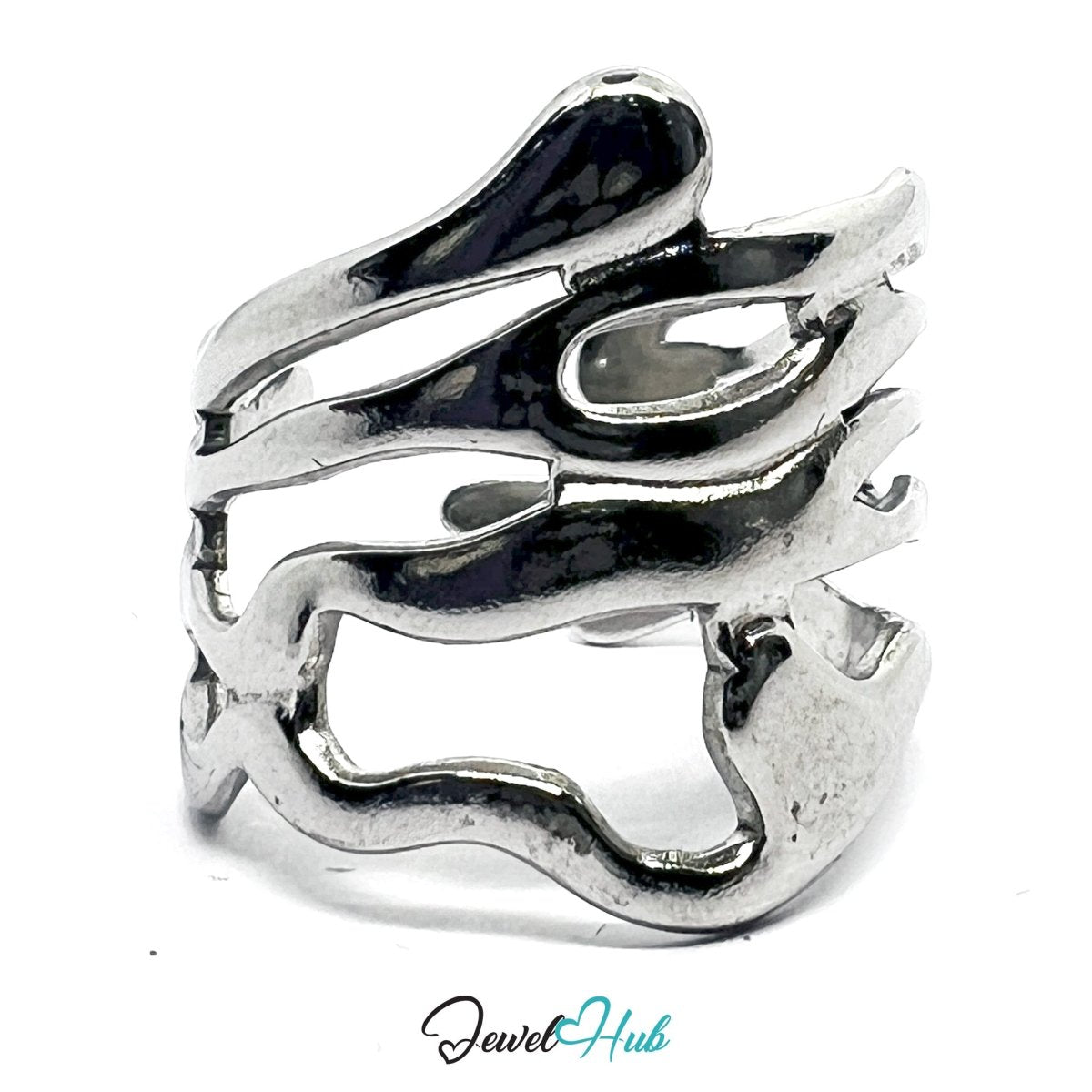 Stainless Steel Silver Layered Flow Ring – Sculptural Motion - JewelHub.co.uk