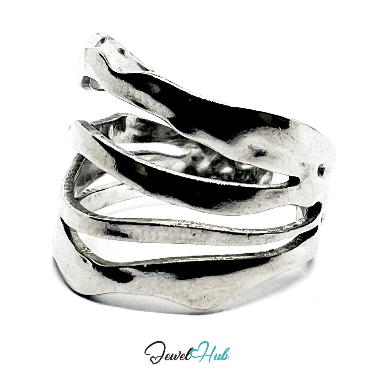 Stainless Steel Silver Layered Wave Ring – Fluid Sculptural Texture - JewelHub.co.uk