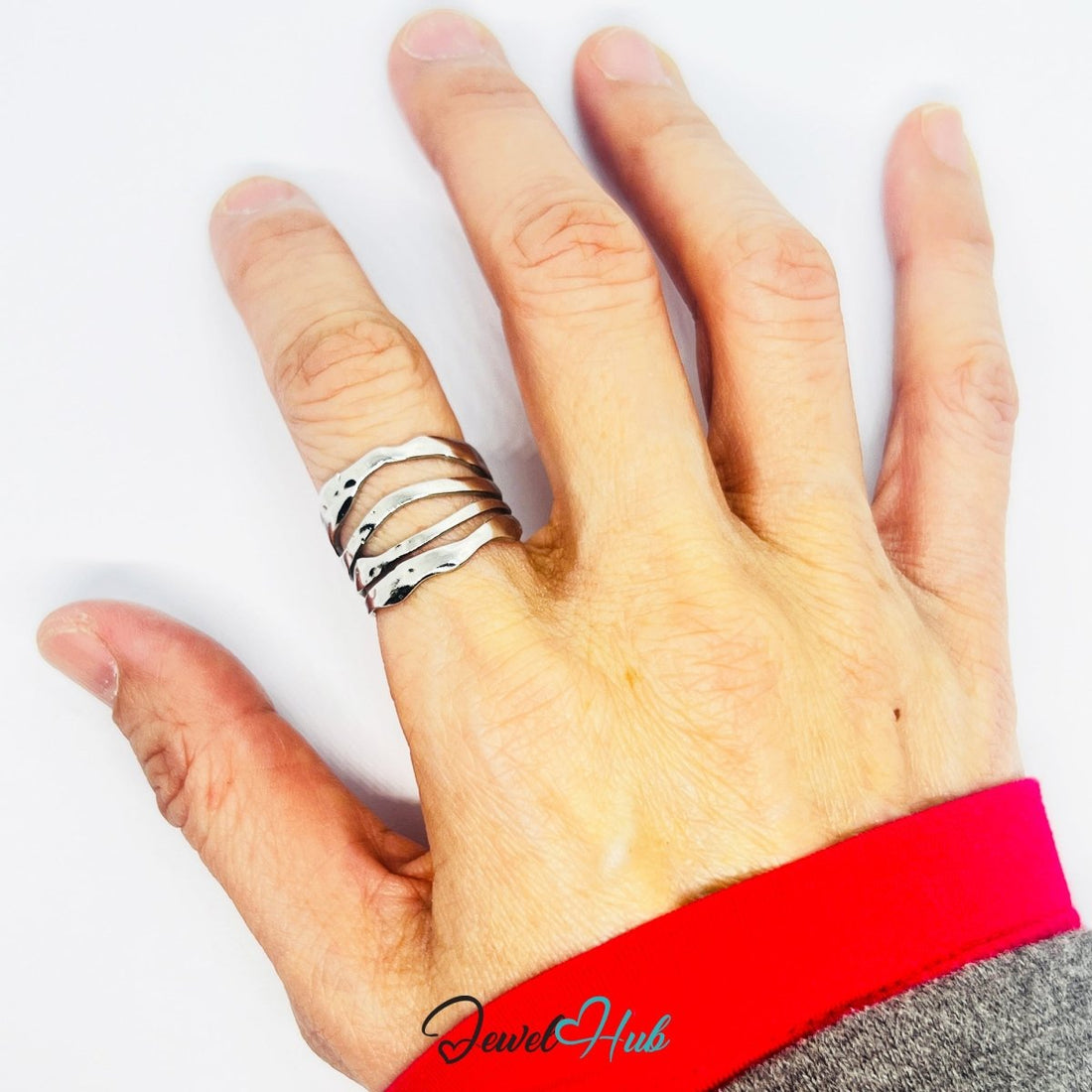 Stainless Steel Silver Layered Wave Ring – Fluid Sculptural Texture - JewelHub.co.uk