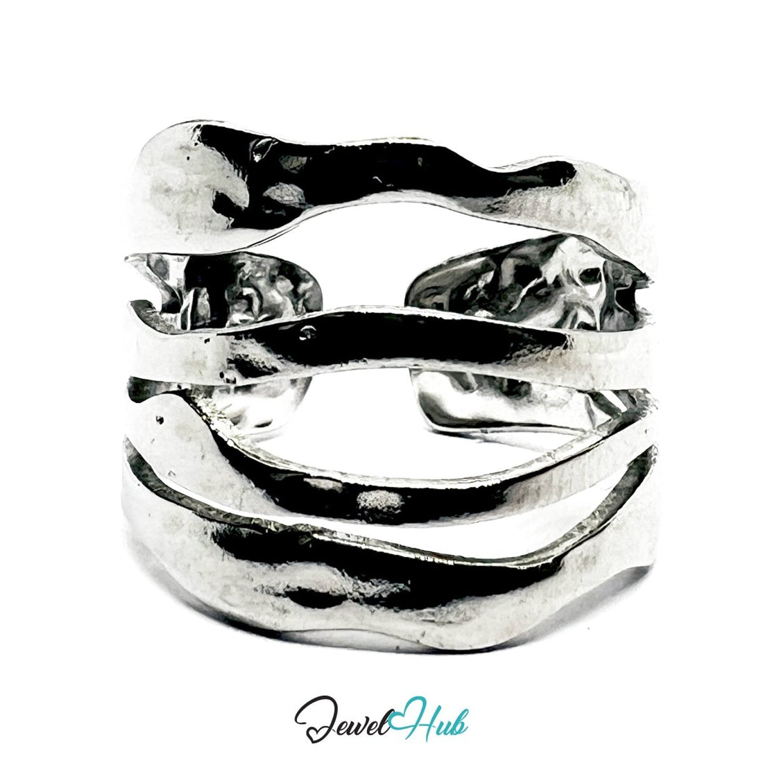 Stainless Steel Silver Layered Wave Ring – Fluid Sculptural Texture - JewelHub.co.uk