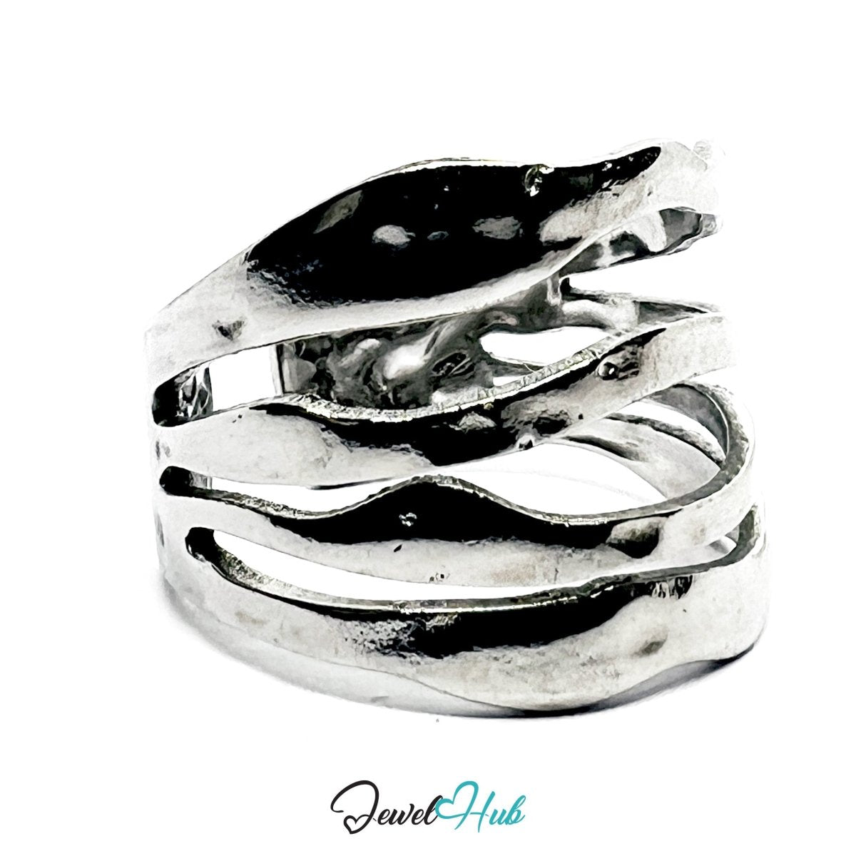 Stainless Steel Silver Layered Wave Ring – Fluid Sculptural Texture - JewelHub.co.uk