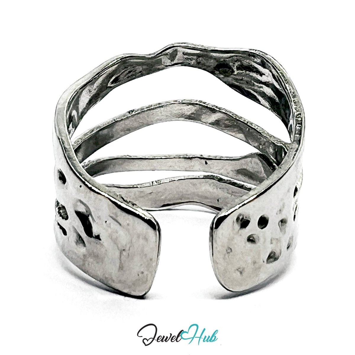 Stainless Steel Silver Layered Wave Ring – Fluid Sculptural Texture - JewelHub.co.uk