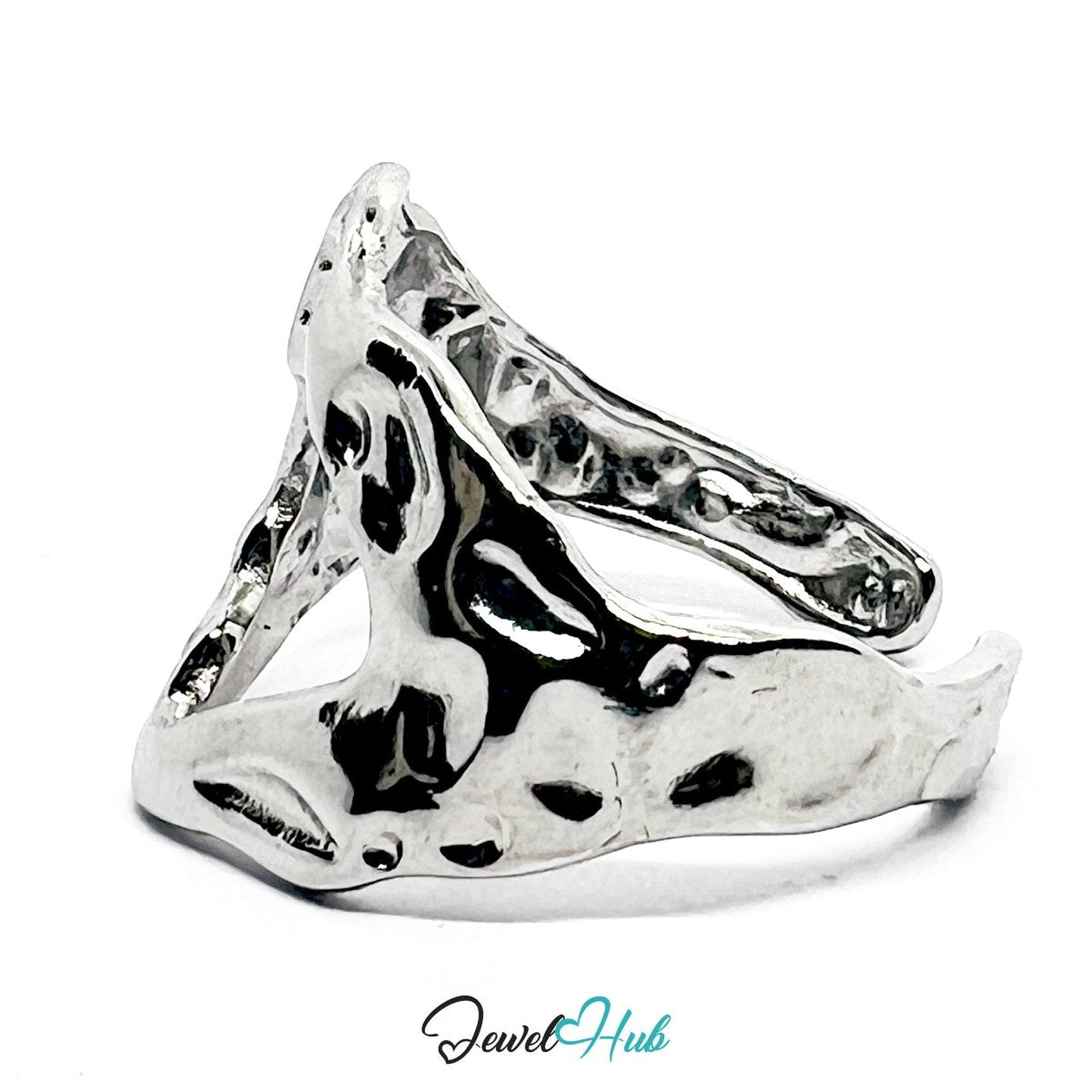 Stainless Steel Silver Molten Silver Ring – Abstract Sculptural Form - JewelHub.co.uk