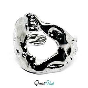 Stainless Steel Silver Molten Silver Ring – Abstract Sculptural Form - JewelHub.co.uk