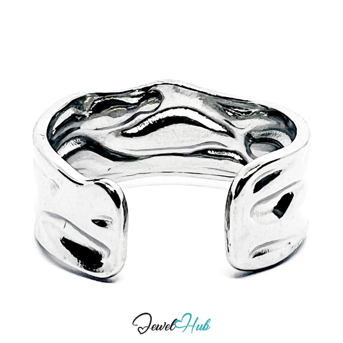 Stainless Steel Silver Molten Wave Ring – Sculptural Statement Band - JewelHub.co.uk