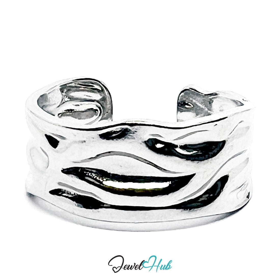 Stainless Steel Silver Molten Wave Ring – Sculptural Statement Band - JewelHub.co.uk