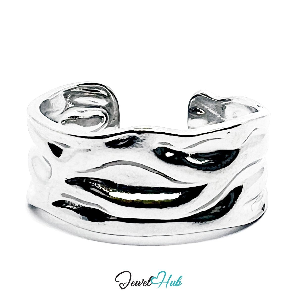 Stainless Steel Silver Molten Wave Ring – Sculptural Statement Band - JewelHub.co.uk