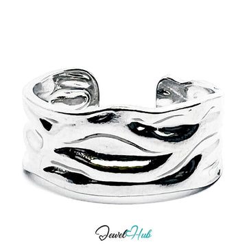 Stainless Steel Silver Molten Wave Ring – Sculptural Statement Band - JewelHub.co.uk