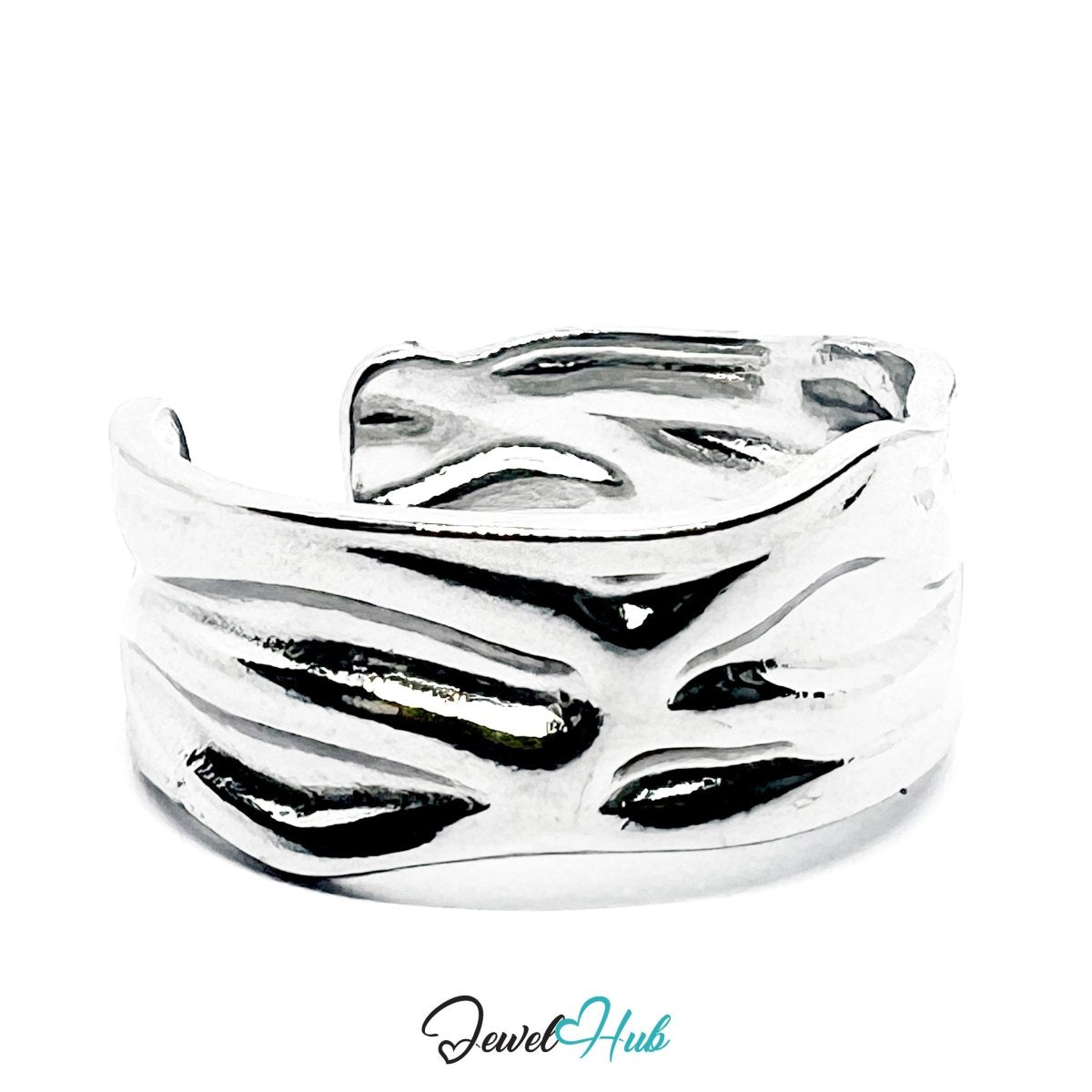 Stainless Steel Silver Molten Wave Ring – Sculptural Statement Band - JewelHub.co.uk