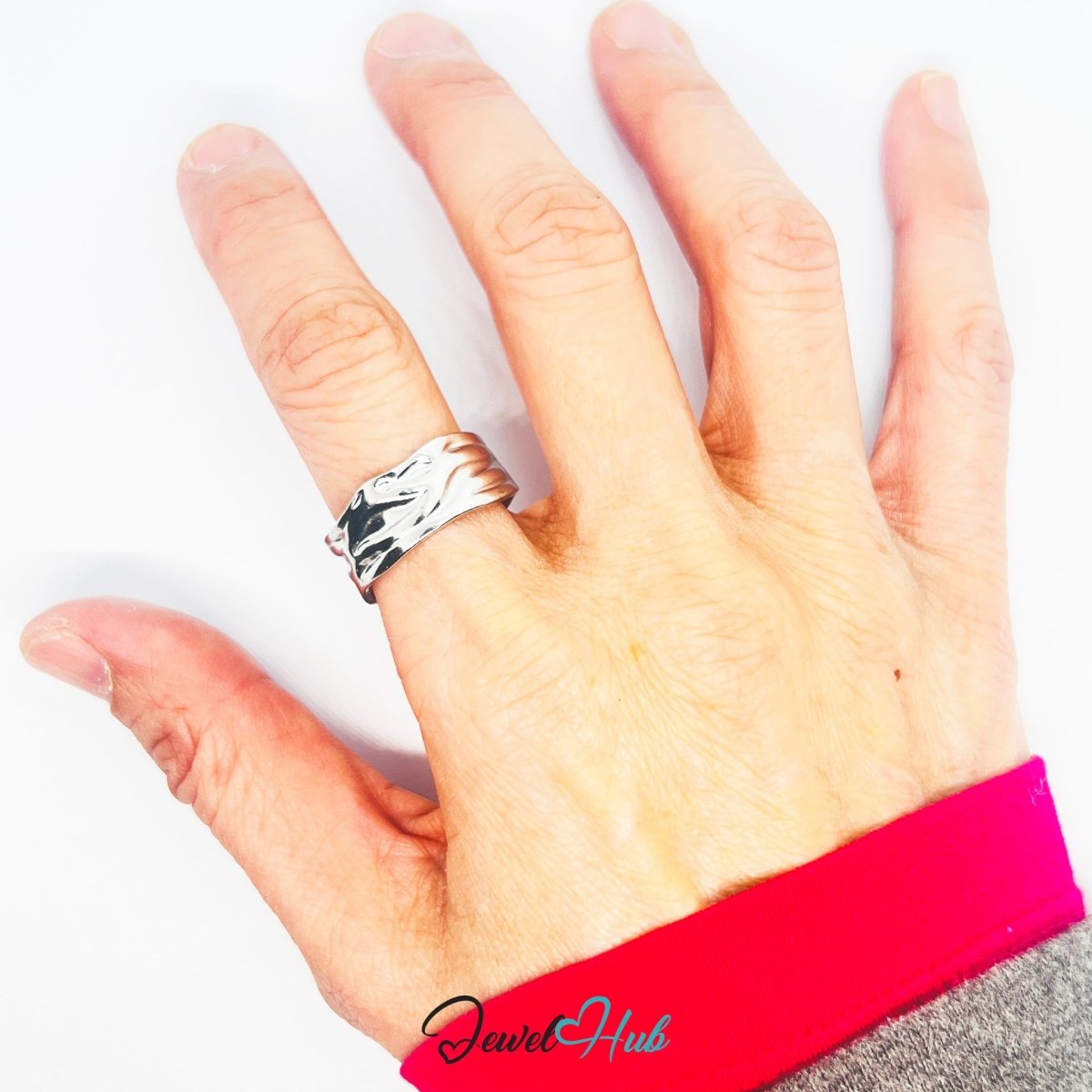 Stainless Steel Silver Molten Wave Ring – Sculptural Statement Band - JewelHub.co.uk