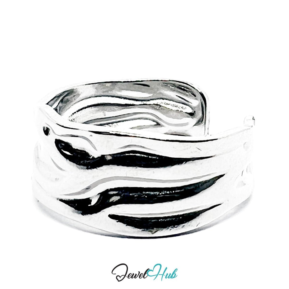 Stainless Steel Silver Molten Wave Ring – Sculptural Statement Band - JewelHub.co.uk