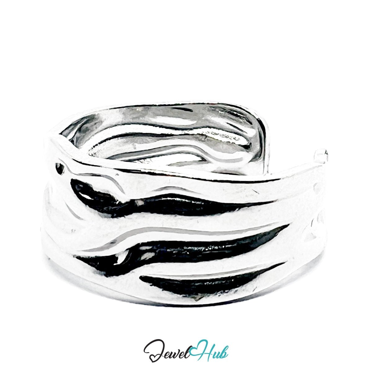 Stainless Steel Silver Molten Wave Ring – Sculptural Statement Band - JewelHub.co.uk