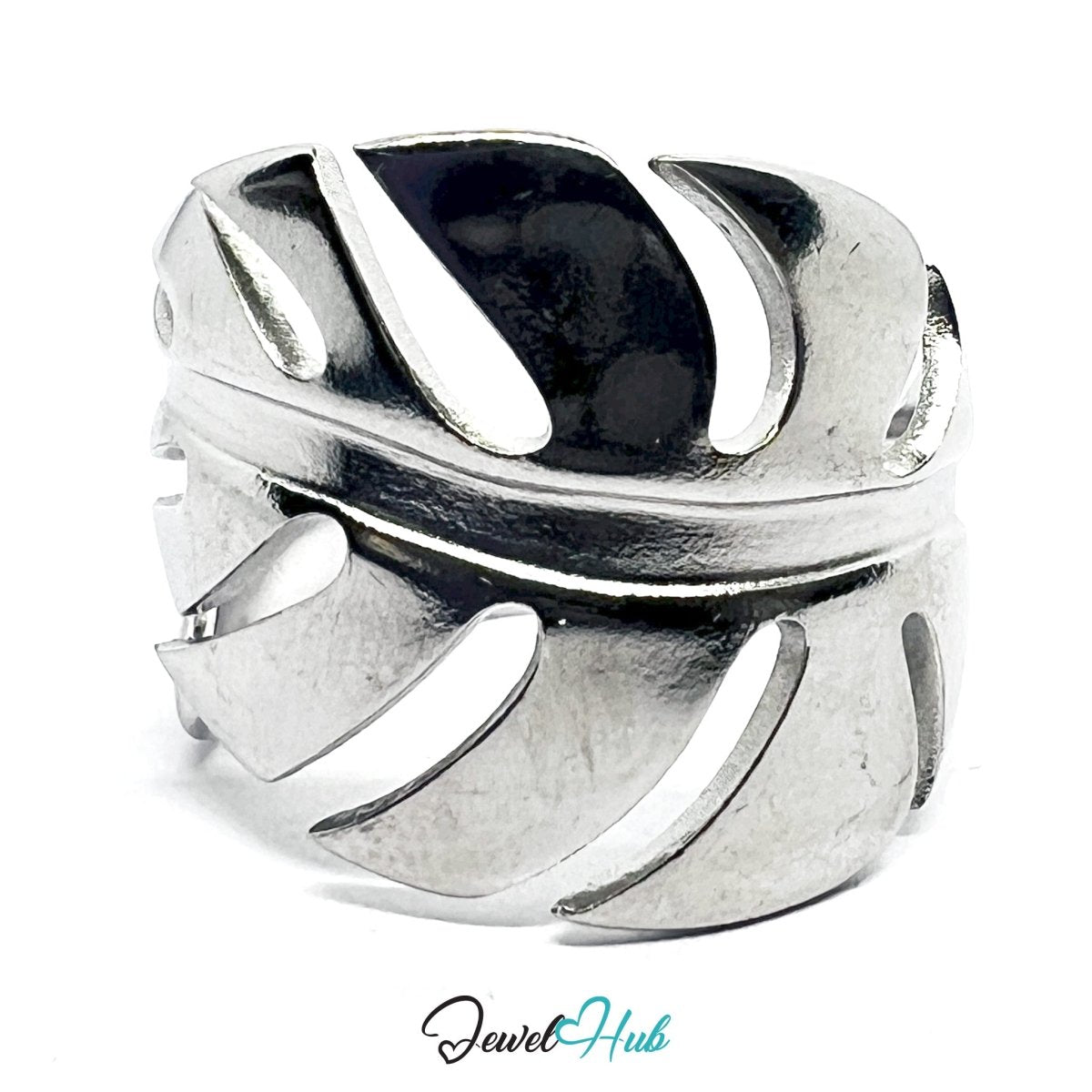 Stainless Steel Silver Monstera Leaf Ring – Sculptural Botanical Form - JewelHub.co.uk