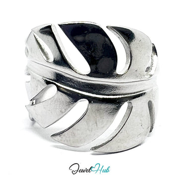 Stainless Steel Silver Monstera Leaf Ring – Sculptural Botanical Form - JewelHub.co.uk