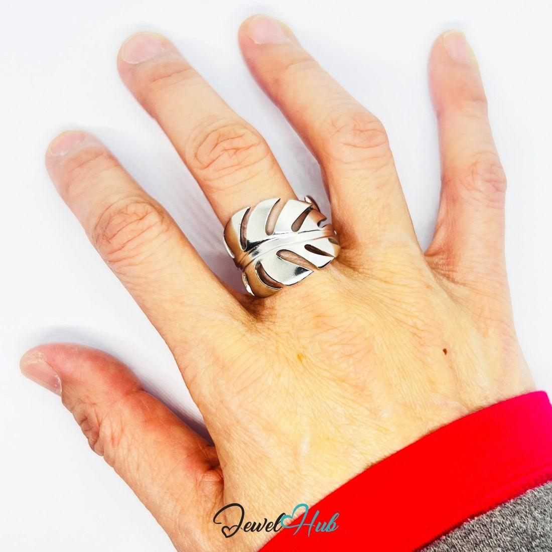 Stainless Steel Silver Monstera Leaf Ring – Sculptural Botanical Form - JewelHub.co.uk
