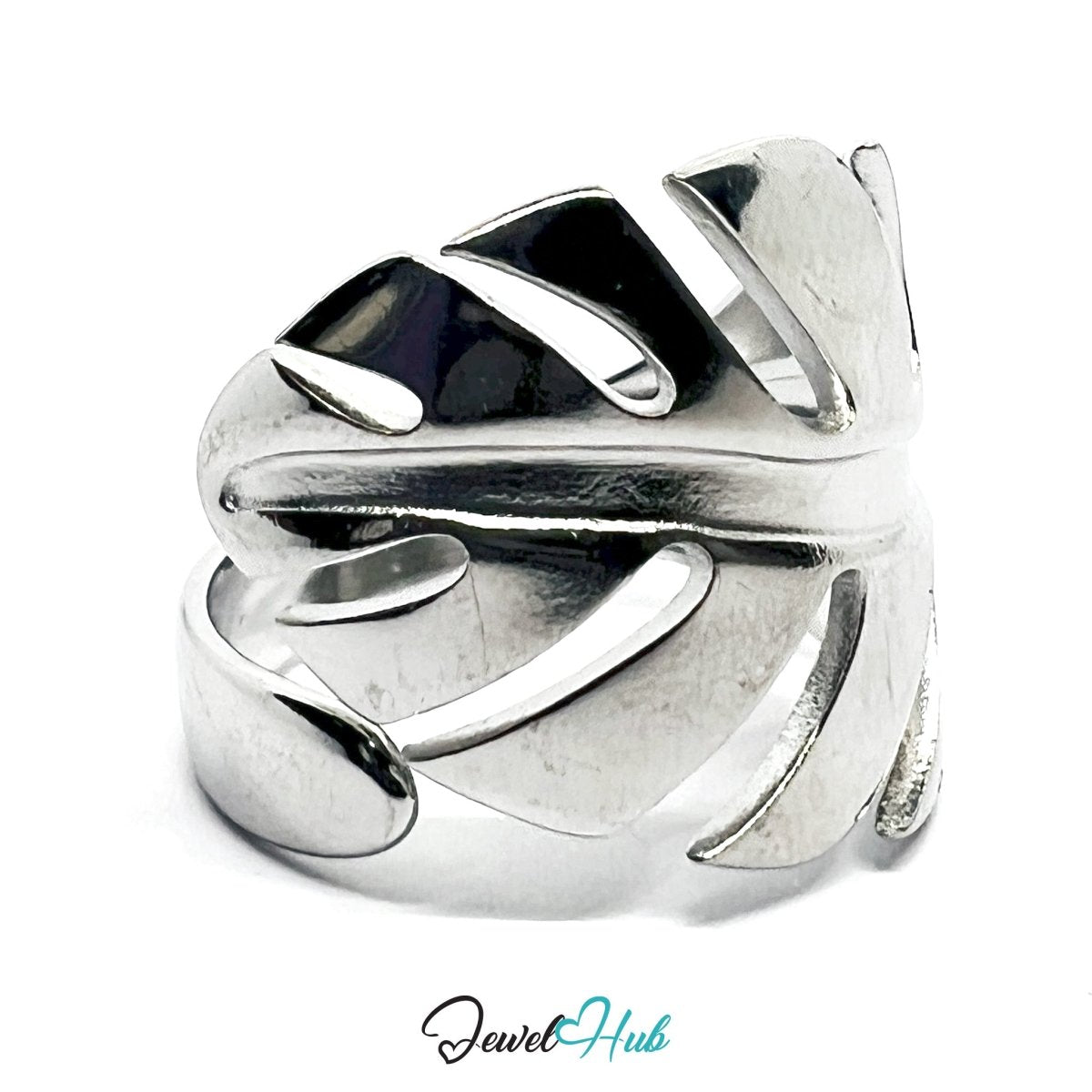 Stainless Steel Silver Monstera Leaf Ring – Sculptural Botanical Form - JewelHub.co.uk
