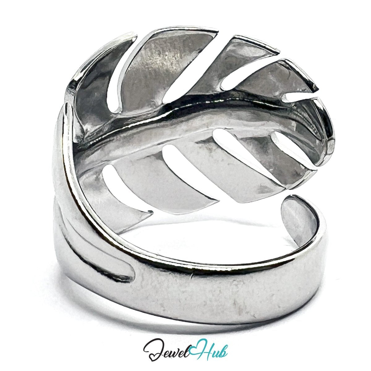 Stainless Steel Silver Monstera Leaf Ring – Sculptural Botanical Form - JewelHub.co.uk
