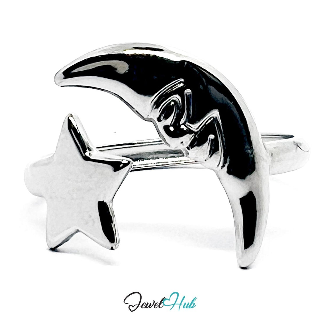Stainless Steel Silver Moon and Star Ring – Celestial Sculptural Band - JewelHub.co.uk