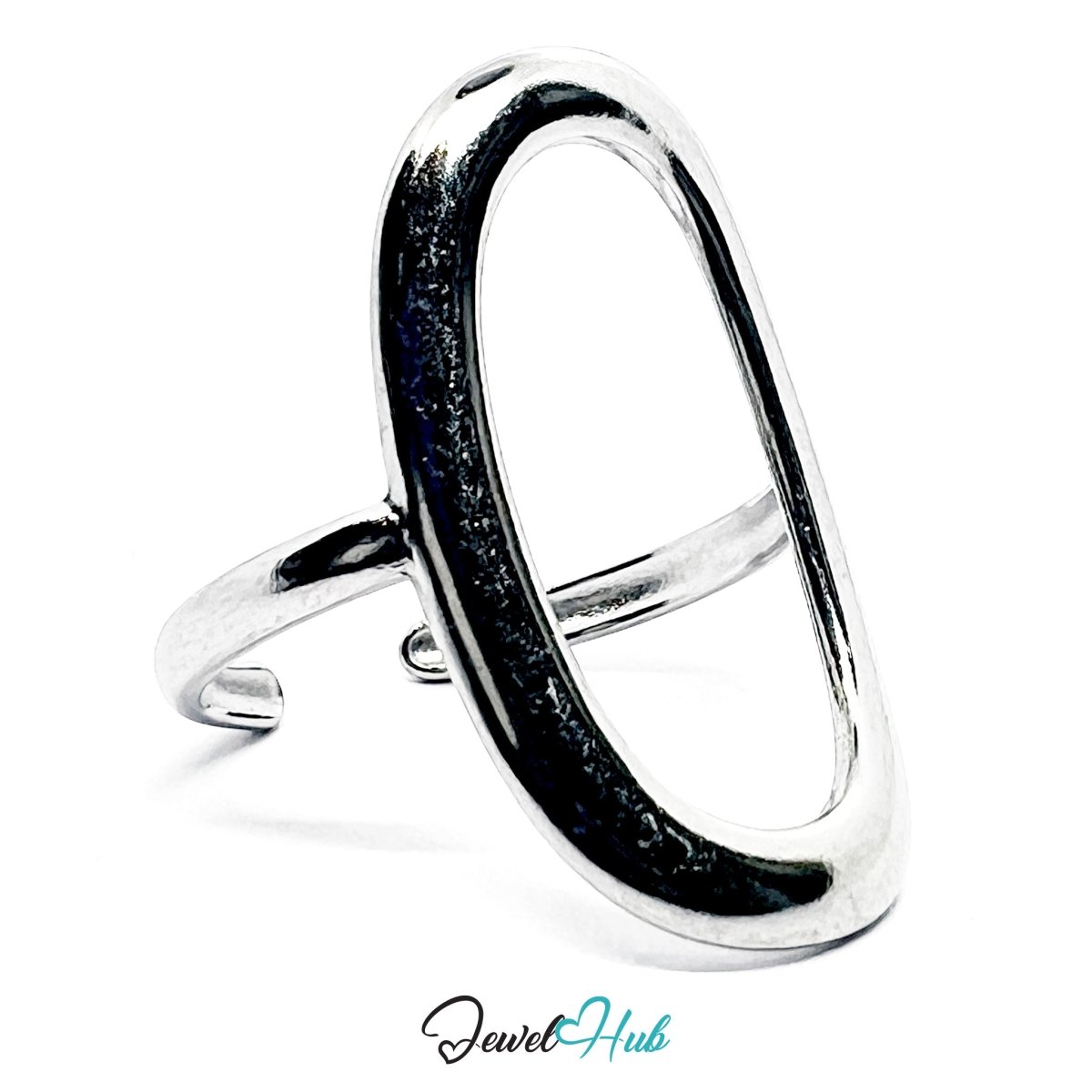 Stainless Steel Silver Oval Open Frame Ring – Sculptural Statement - JewelHub.co.uk
