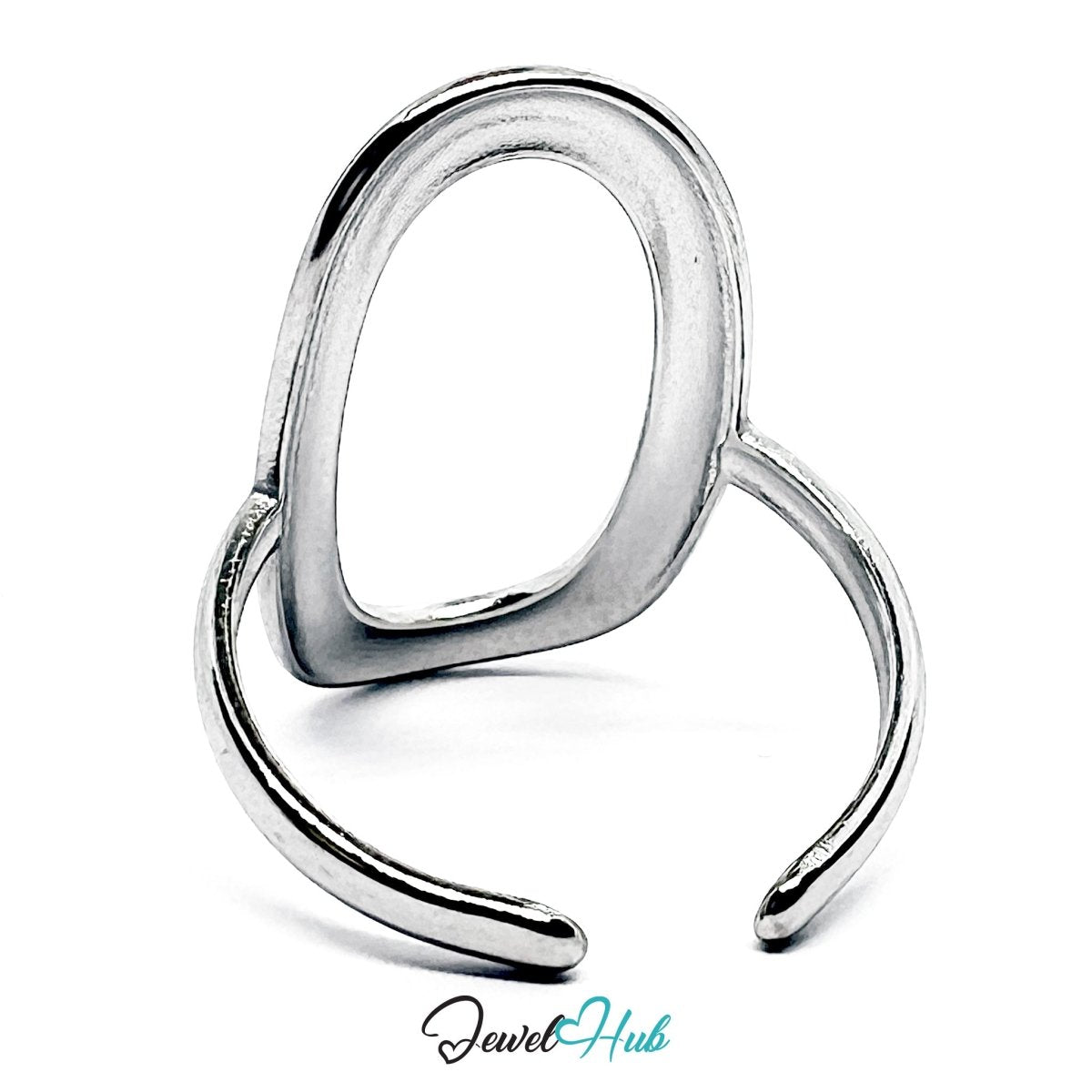 Stainless Steel Silver Oval Open Frame Ring – Sculptural Statement - JewelHub.co.uk