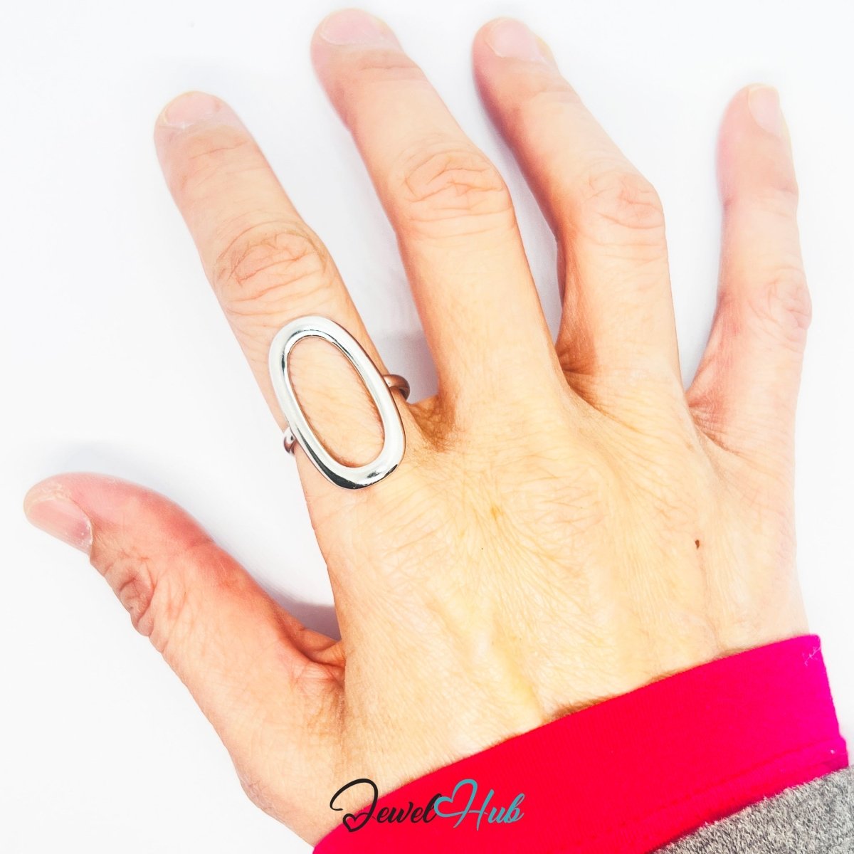 Stainless Steel Silver Oval Open Frame Ring – Sculptural Statement - JewelHub.co.uk
