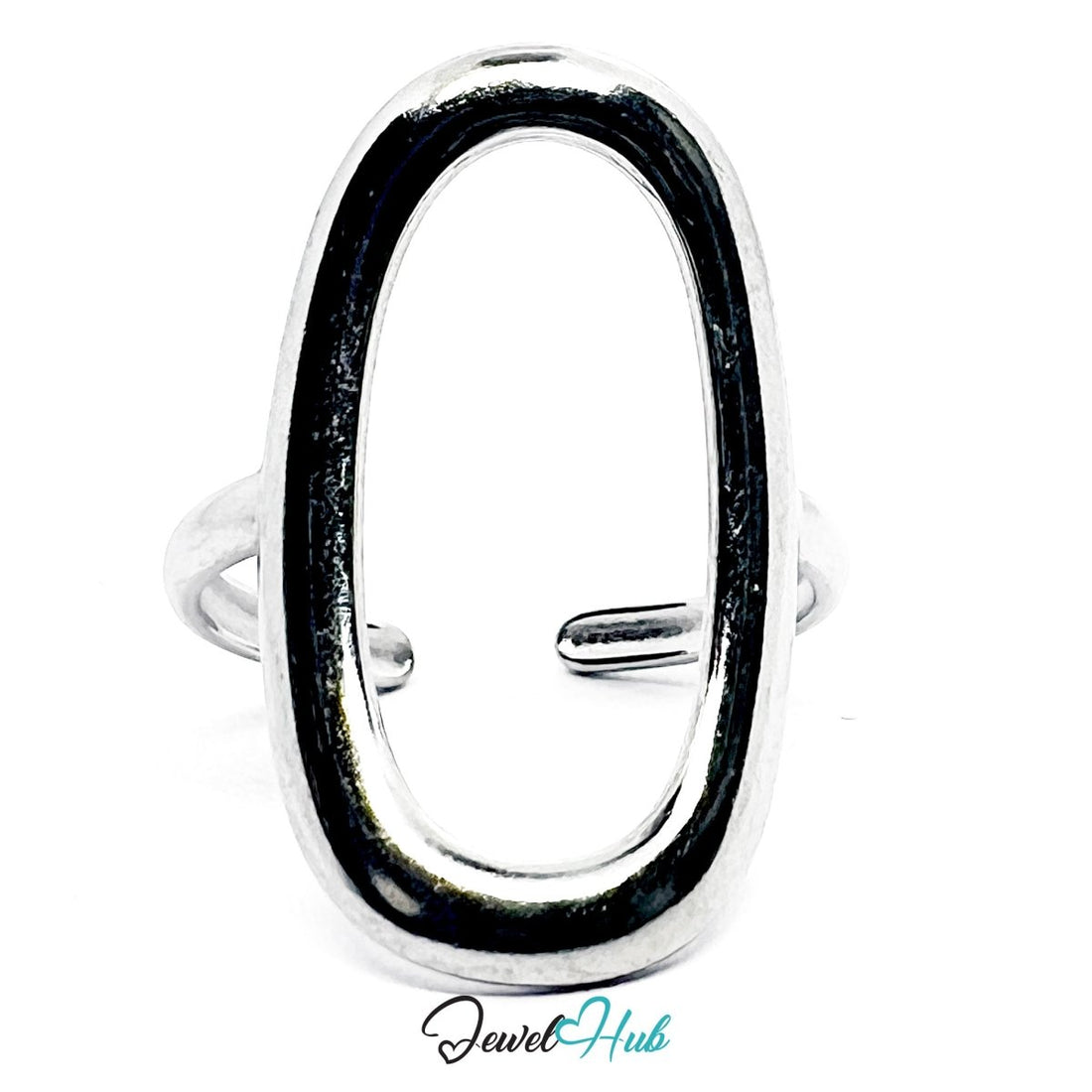 Stainless Steel Silver Oval Open Frame Ring – Sculptural Statement - JewelHub.co.uk