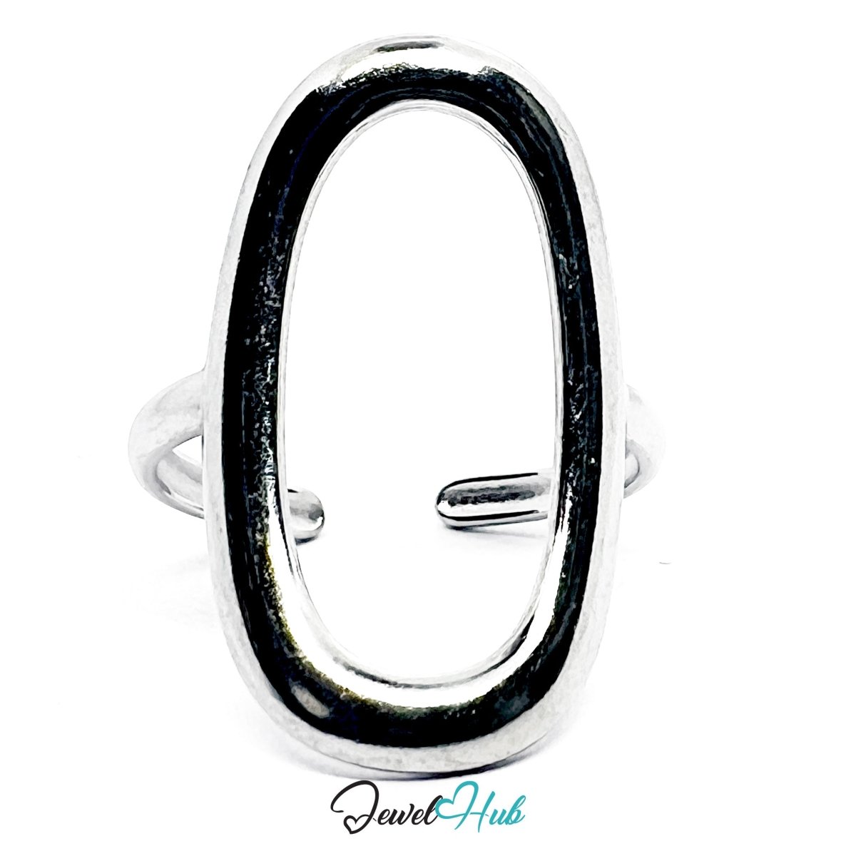 Stainless Steel Silver Oval Open Frame Ring – Sculptural Statement - JewelHub.co.uk