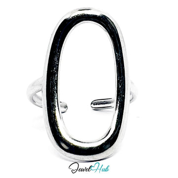 Stainless Steel Silver Oval Open Frame Ring – Sculptural Statement - JewelHub.co.uk