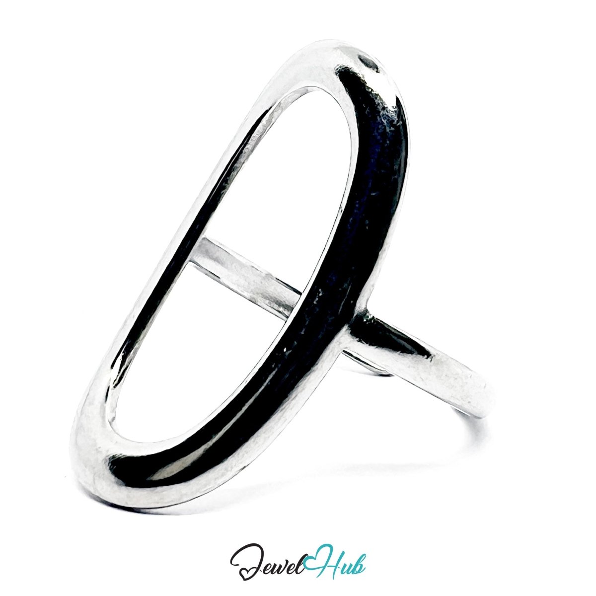 Stainless Steel Silver Oval Open Frame Ring – Sculptural Statement - JewelHub.co.uk