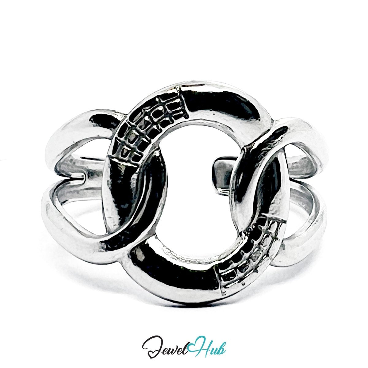 Stainless Steel Silver Overlap Ring – Modern Circular Sculptural Band - JewelHub.co.uk