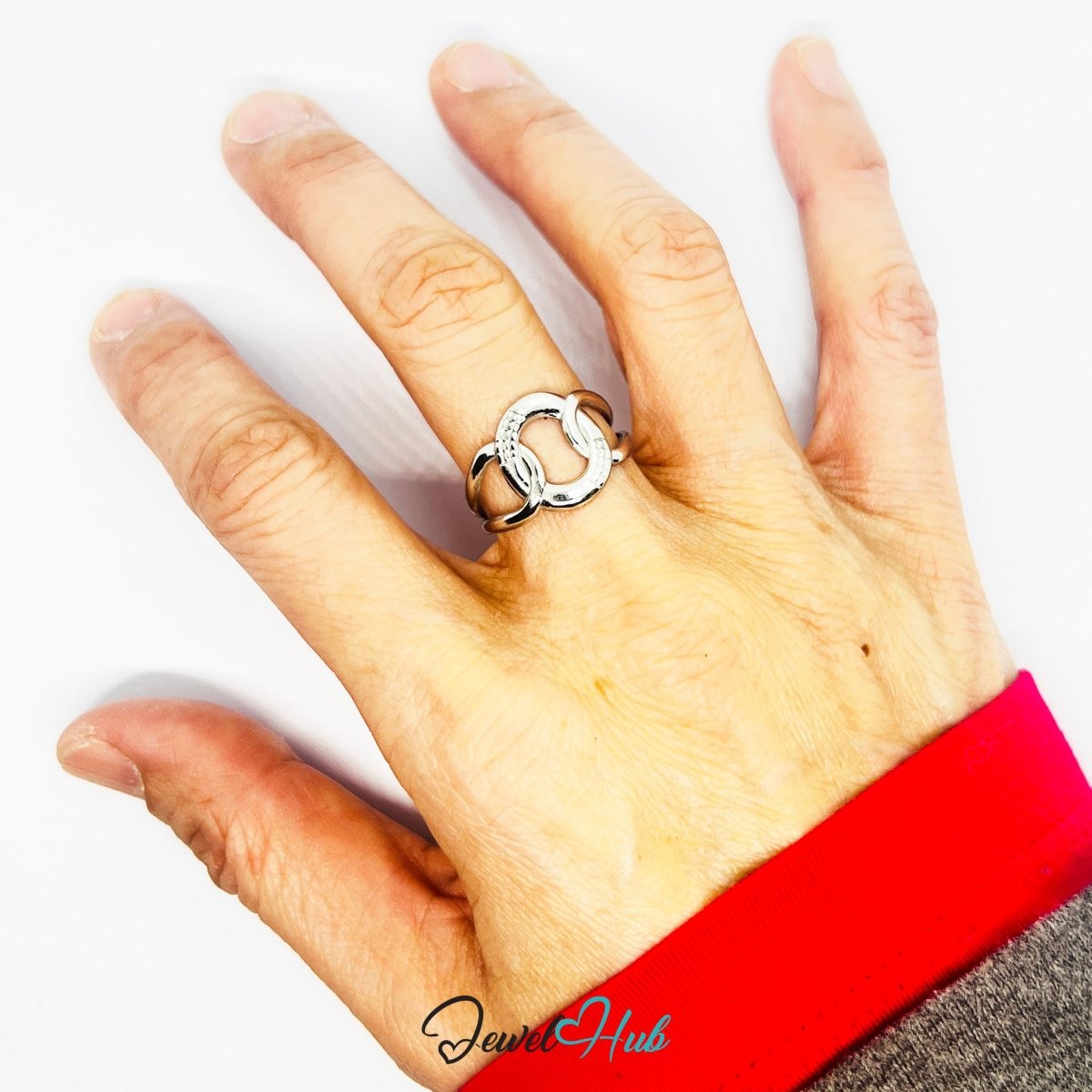 Stainless Steel Silver Overlap Ring – Modern Circular Sculptural Band - JewelHub.co.uk