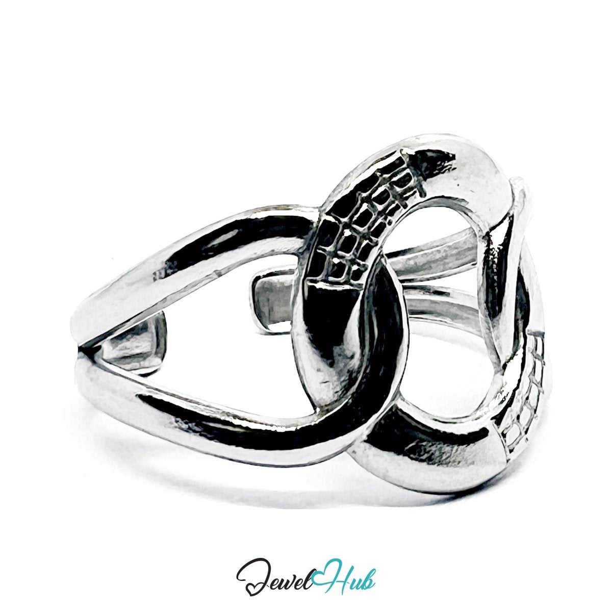 Stainless Steel Silver Overlap Ring – Modern Circular Sculptural Band - JewelHub.co.uk