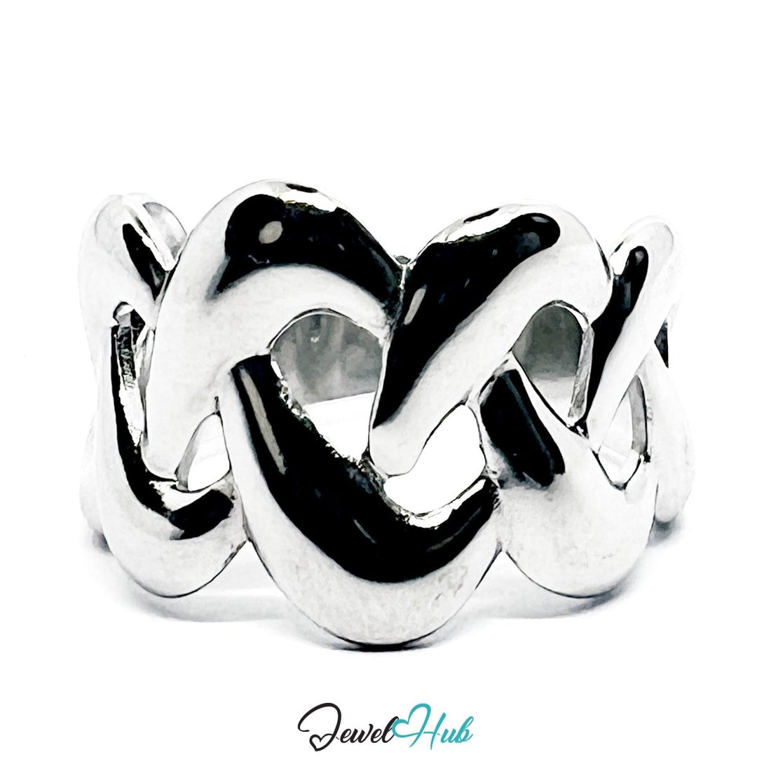 Stainless Steel Silver Overlap Ring – Modern Sculptural Band - JewelHub.co.uk